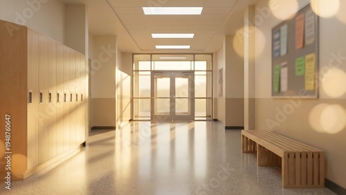 Empty school hallway with lockers and sunlight streaming through windows, creating a bright and inviting atmosphere.