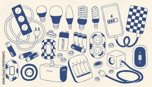 Blue hand drawn vector set of electricity equipment including light bulbs batteries and power sockets. Collection of energy supply icons and charging gadgets in a minimalist Mediterranean style