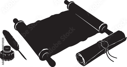 Silhouette of an Ancient Scroll with Inkwell and Quill Pen
