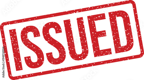 A vibrant red rubber stamp featuring the word ISSUED with a textured surface on a plain white background