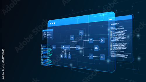 AI workflow automation artificial intelligence. ai agent network diagram dashboard machine learning architecture data processing system, coding panels and automation system.