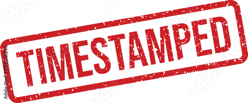 A vibrant red rubber stamp with a textured grunge appearance prominently displays the word TIMESTAMPED against a crisp white backdrop