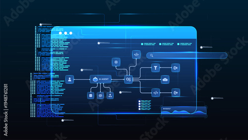 AI workflow automation artificial intelligence. ai agent workflow diagram dashboard machine learning flow process, coding and automation system.