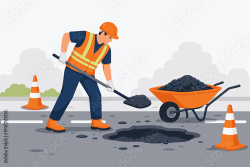 Construction worker in safety vest and helmet repairing a damaged asphalt road surface by filling a pothole using a shovel and wheelbarrow, featuring traffic cones in a flat vector illustration.