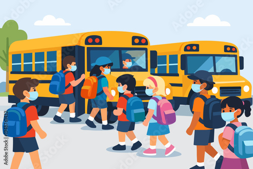Children Wearing Protective Face Masks and Backpacks Boarding Yellow School Buses for Return to School During Pandemic, Flat Vector Illustration of Students Practicing Safety Measures and Health