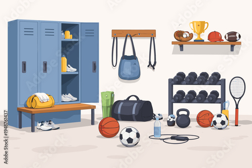 Athletic Locker Room Interior with Sports Equipment, Blue Metal Lockers, Wooden Bench, Dumbbells on Rack, Basketballs, Soccer Balls, Tennis Racket, Gym Bags, Kettlebell, and Trophy Vector