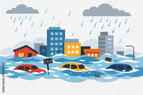 Flat Vector Illustration of a Severe City Flood with Heavy Rain Falling from Dark Clouds, Submerging Buildings and Cars in Deep Water, Depicting a Natural Disaster, Climate Change, and Emergency.