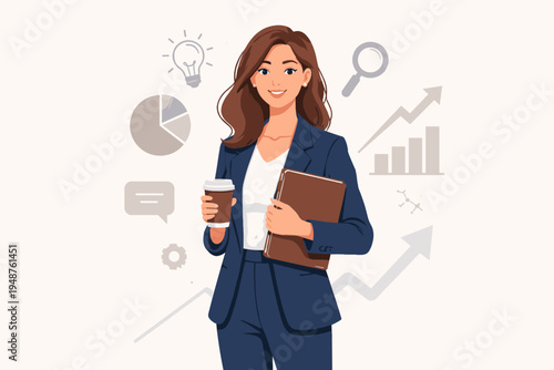 Professional Businesswoman in Blue Suit Holding Coffee and Folder with Business Growth Icons, Strategy, Success, and Corporate Career Concept Flat Vector Illustration on Light Background.