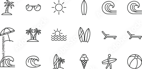 Summer Beach Line Icons with Palm Trees, Waves, Surfboards, Umbrellas, Ice Cream, and Relaxing Coastal Vibes