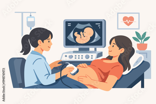 Professional female doctor performing ultrasound scan on a pregnant woman in a medical clinic. Monitor displays unborn baby fetus. Flat vector illustration for prenatal care and maternal health.