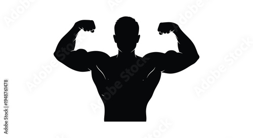 A muscular man flexing his biceps and forearms powerfully displaying strength in silhouette high quality professional