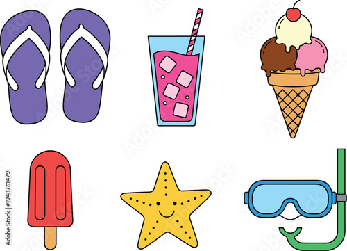 Summer Fun Icons with Flip-Flops, Drinks, Ice Cream, Popsicle, Starfish, and Snorkeling Gear for Beach Vibes