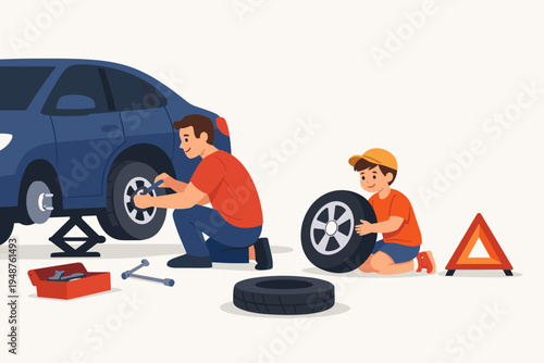 Father and son working together to change a flat tire on a blue car, little boy helping his dad with tools and spare wheel, family bonding, car maintenance, flat tire repair vector illustration