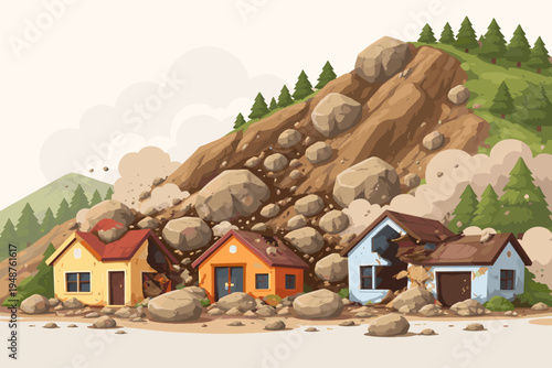 Flat vector illustration of a catastrophic landslide and rockfall hitting a residential area. Giant boulders rolling down a mountain slope, crashing into and severely damaging suburban houses.