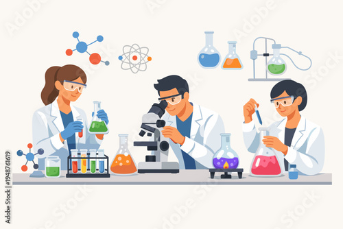 Professional scientists conducting chemistry experiments in a laboratory. Flat vector illustration of researchers using microscopes, flasks, and test tubes for scientific research and education.