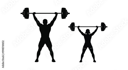 Two weightlifters demonstrate overhead presses with barbells showcasing strength and athletic prowess silhouette high quality professional