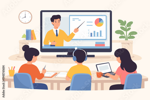 Students Studying from Teacher via Television Screen in Flat Vector Illustration. Online Education, Remote Learning, Digital Classroom, E-learning, and Distance Study Concept for Children.