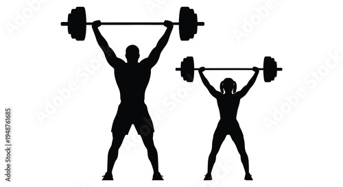 Two weightlifters powerfully lift barbells overhead showcasing strength and athletic prowess silhouette high quality professional detailed