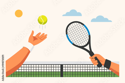Flat vector illustration of a tennis player's point of view serving a ball over the net on a sunny day. Hand tossing the yellow ball and hand holding a racket ready for a professional match.