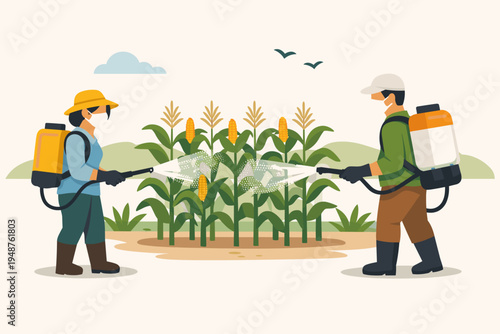Farmers Spraying Pesticide or Insecticide on Corn Plants in a Field, Agricultural Pest Control Concept with Workers Wearing Protective Masks and Backpack Sprayers, Flat Vector Illustration