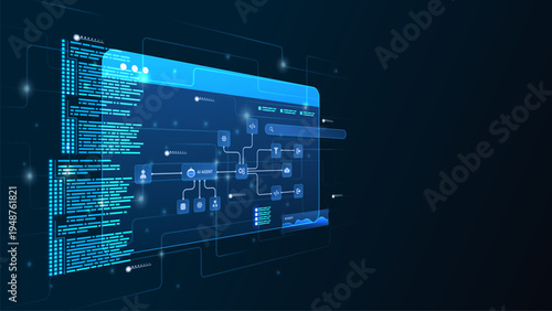 AI workflow automation artificial intelligence. ai agent workflow diagram dashboard machine learning flow process, coding and automation system.