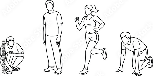 Set of people fitness activities line art illustration with running woman standing man tying shoes and sprint start poses for workout training concept