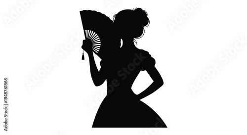 A graceful woman holding an open fan is depicted in a striking black silhouette high quality