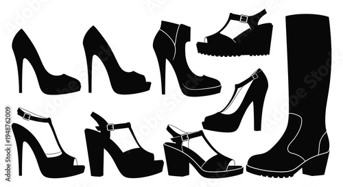 A collection of various women s footwear styles displayed as stark black silhouettes high quality professional detailed