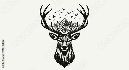 A vintage black deer head silhouette vector illustration featuring a tribal animal skull design and nature ornament emblem for a symbolic tattoo logo pattern