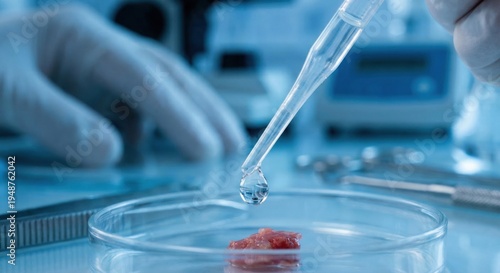 Scientist dripping liquid from pipette onto biopsy tissue