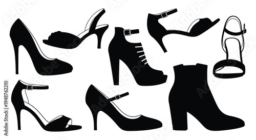 A collection of various high heeled shoes and boots depicted in a stark black silhouette high quality