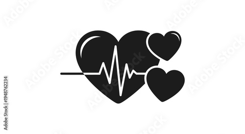 A black graphic combining heart shapes and an electrocardiogram line a powerful visual silhouette high quality