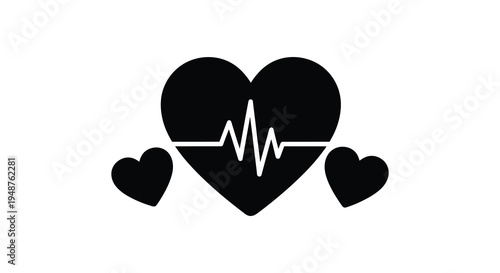 A black heart shape incorporating a white electrocardiogram line with smaller hearts silhouette high quality professional