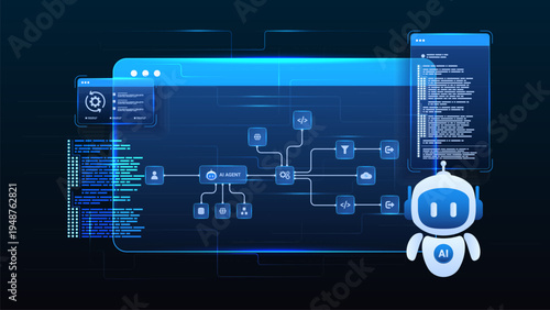 AI workflow automation artificial intelligence. ai agent workflow diagram dashboard machine learning architecture data processing system, coding panels and automation system.