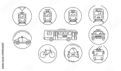 Urban public transportation icons tram train bus taxi bike vector set