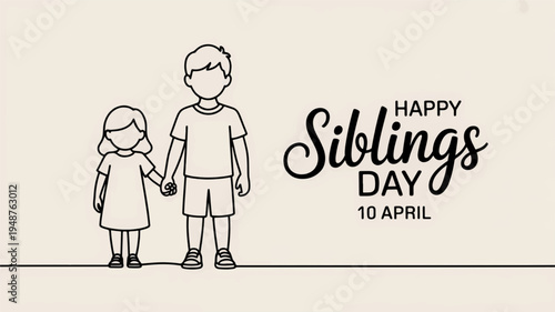 Happy siblings day illustration with two children holding hands on beige background with text