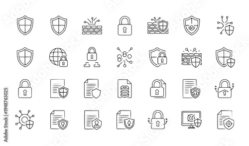 Digital security data protection firewall line icon collection vector
