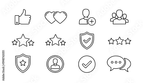Likes followers hearts rating reputation line icon set vector