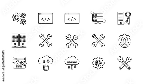 IT service system setup development hardware line icons vector set