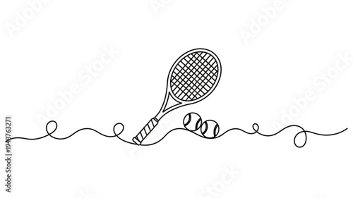 Tennis racket leaning beside balls on white background. none editable strokes