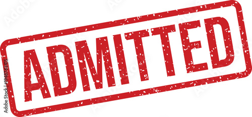 Prominent red grunge stamp with the word Admitted clearly visible inside a rectangular frame on a clean white background