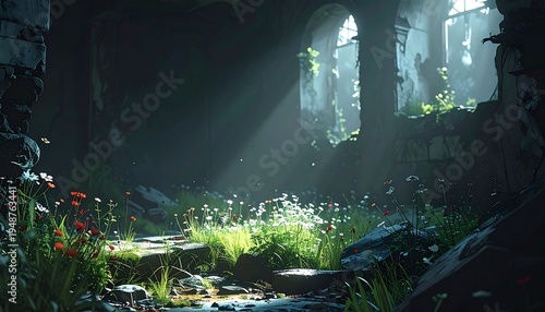 墟に差し込む光と小さな花が咲く幻想的な風景