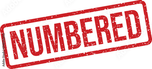 Red distressed rubber stamp with the bold word NUMBERED on a clean white surface