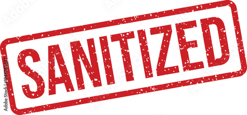 Red grunge rubber stamp clearly displays the important word Sanitize on a clean white background