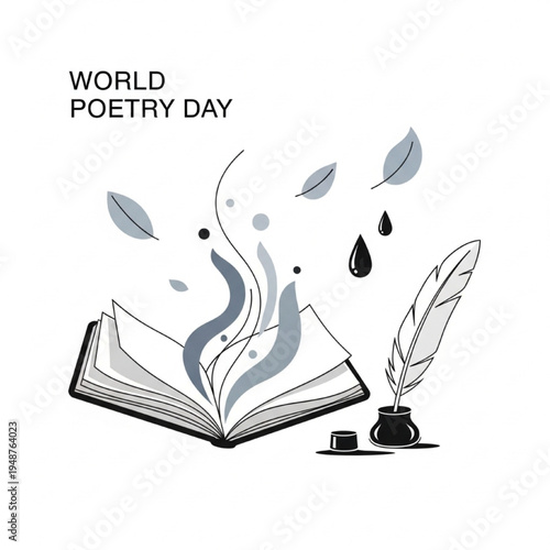 World Poetry Day Creative Writing Concept with Open Notebook Quill Pen and Flowing Abstract Thoughts Vector Illustration