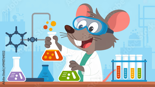 Curious cartoon mouse in lab coat and goggles conducting science experiment with colorful chemicals