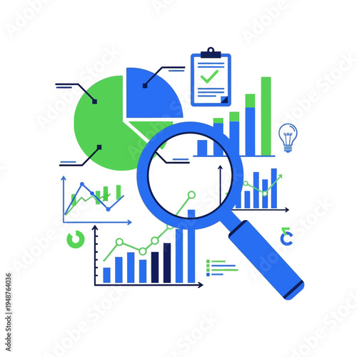 Magnifying glass over various charts and graphs, representing data analysis and business insights.