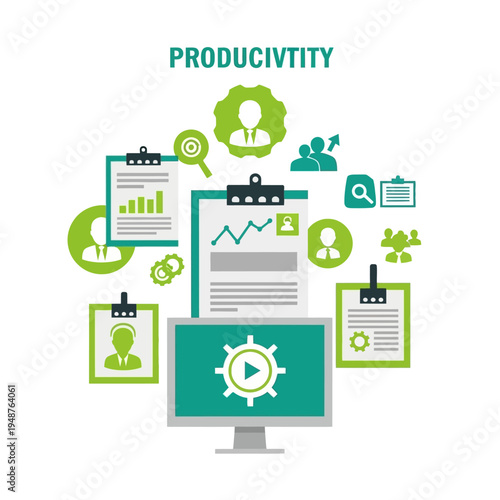 Visual representation of business productivity concepts including charts, graphs, and human resources icons.