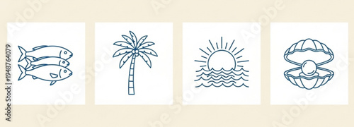 Italian amalfi sicily doodle beach illustration set. Summer vacation, tropical naive coastal sketch style elements palm tree, sun, seashell. Vector sea travel collection for card, poster, placard