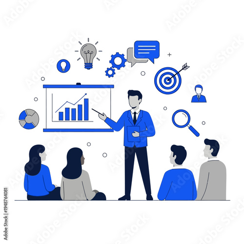 A business presentation with a speaker pointing at a bar chart on a whiteboard to an attentive audience.